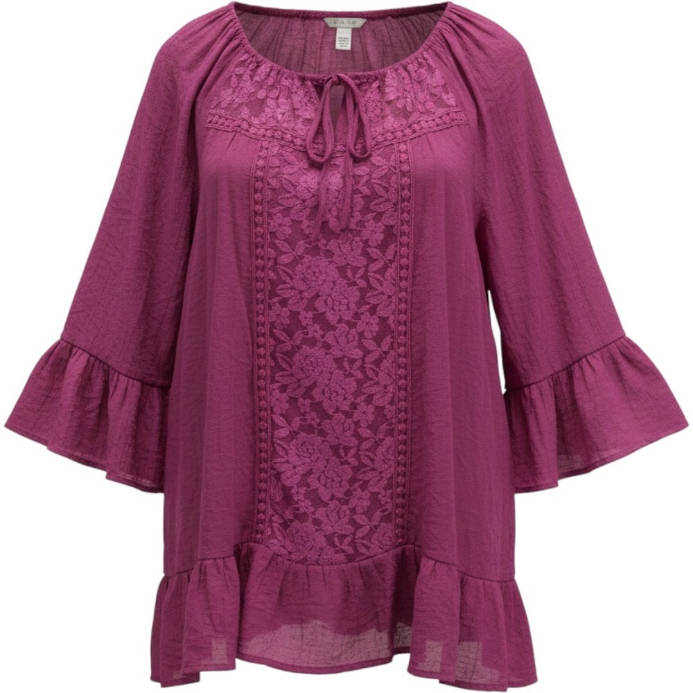 Est. 1946 Womens Plus Magenta Purple Lace Peasant Blouse Ruffle Top 18/20W